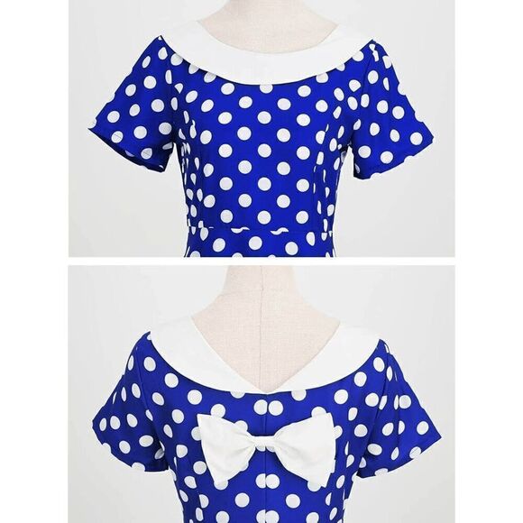 💙 NEW Pinup Retro 1950s Shawl Collar Bow Back Blue Polka Dot Tea Dress SIZE XL - Picture 10 of 16